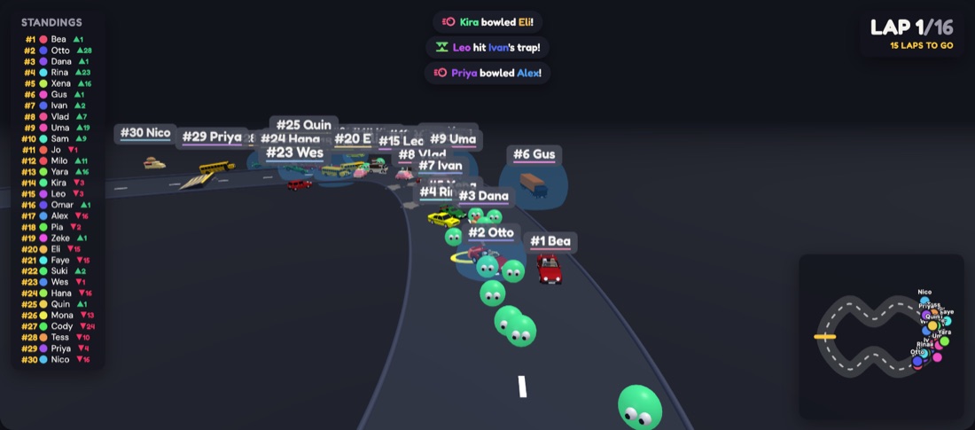 Serpentine Run: a swarm of googly-eyed hazard balls rolls into a bunched-up pack of cars mid-corner.