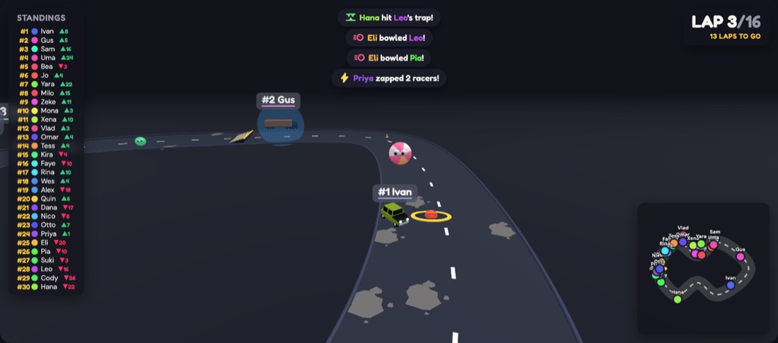 Serpentine Run: the leader breaks away around a sweeping bend, a beach ball and a shield-bubbled lorry trailing behind, with the rest of the field bunched together on the minimap.